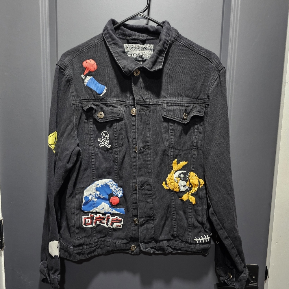 Brooklyn Cloth  Black Jean Jacket with Colorful Patches